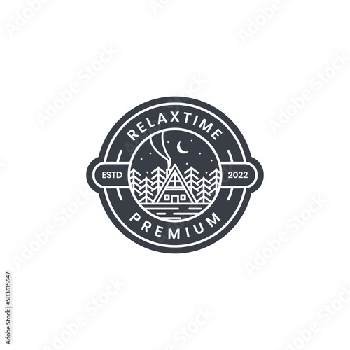 cabin villa home night tree forest pine moon circle badge logo design vector