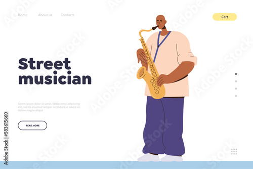 Landing page design template for promotion city street musician saxophonist live performance