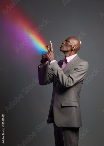 a man in a suit projecting a rainbow - generative