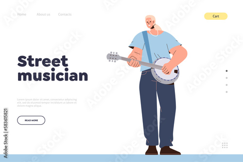 Street musician landing page with cartoon jazz woman playing banjo musical ethnic string instrument