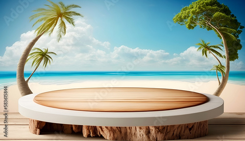empty wooden table top product display showcase stage with tropical summer beach background