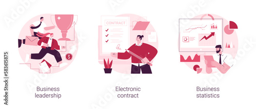 Company management abstract concept vector illustration set. Business leadership, electronic contract, financial report and statistics, decision making, marketing research abstract metaphor.