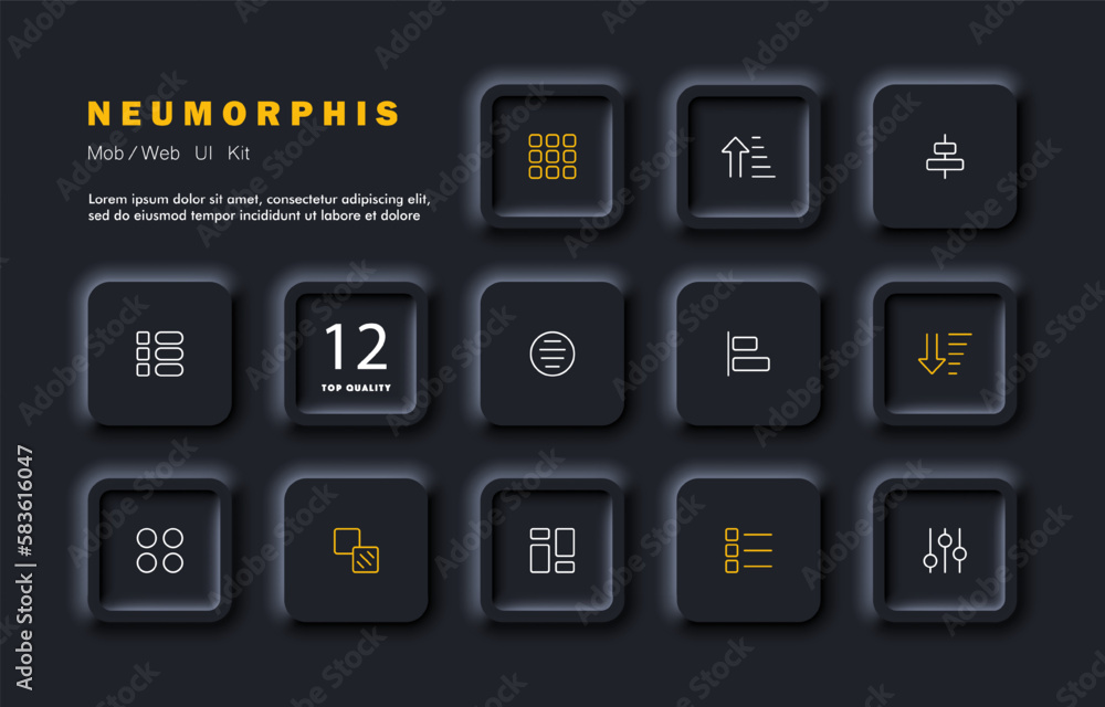 Menu buttons set icon. Tiles, buttons, columns, circles, squares, apps, arrows, sliders. Infographic concept. Neomorphism style. Vector line icon for Business and Advertising