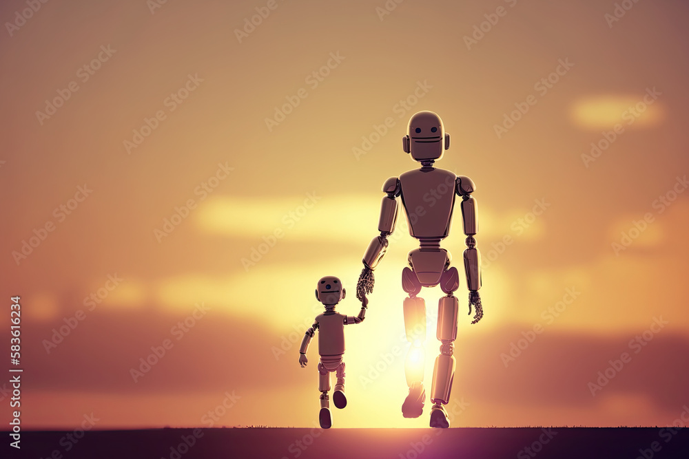 Giant robot and child walking together at sunset. Best friends. Friendship between artificial intelligence and people. Created with Generative AI Giant robot and child walking together at sunset. Best friends. Friendship between artificial intelligence and people. Created with Generative AI