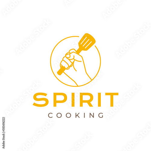 hand hold spatula chef cooking master circle line minimal logo design vector