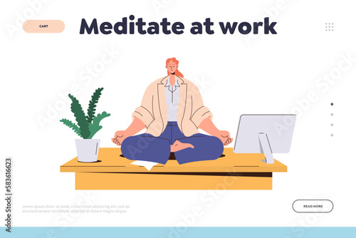 Meditate at work concept for landing page with business woman worker practicing breathing in office