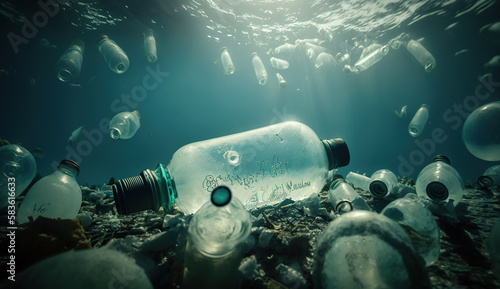 Plastic water bottles pollution in ocean. Generative Ai