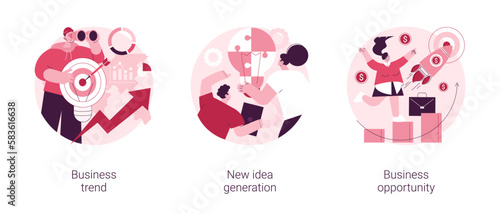 Entrepreneurship success abstract concept vector illustration set. Business trend, new idea generation, business opportunity, marketing strategy, creative thinking, startup launch abstract metaphor.