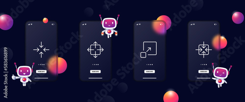 Zoom button set icon. Arrows, zoom in, make full screen, hide, close, exit full screen. Window work concept. Glassmorphism. UI phone app screen with robot. Vector line icon for Business