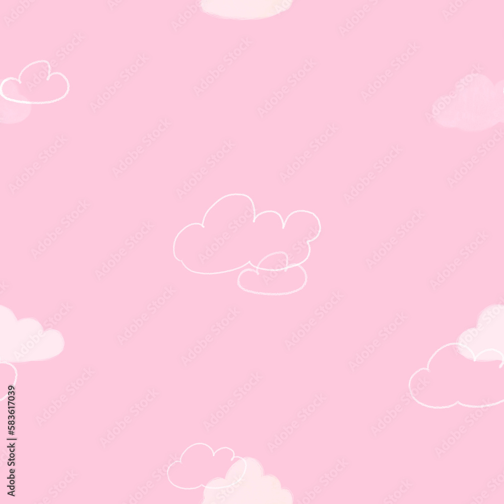 Pink clouds seamless pattern. Cute white clouds on pink background. Simple and cute design for children, girls wallpaper, fabric, textile, bed sheets
