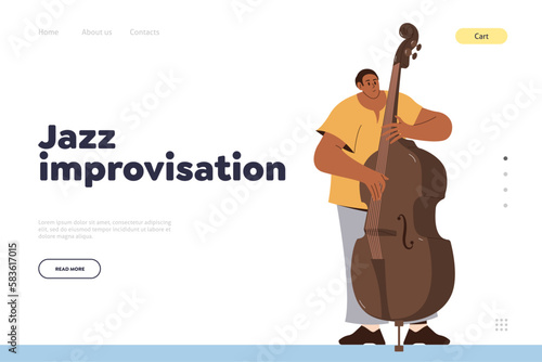 Jazz improvisation landing page design template with cartoon man contrabassist playing double bass