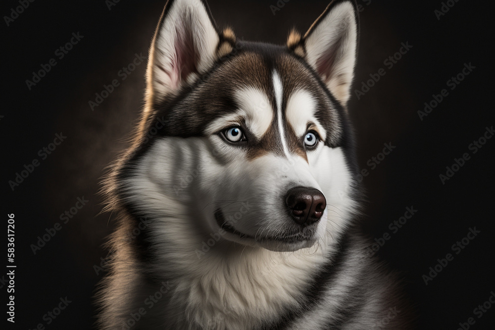 Powerful and Loyal Siberian Husky Dog on Dark Background Powerful and Loyal Siberian Husky Dog on Dark Background