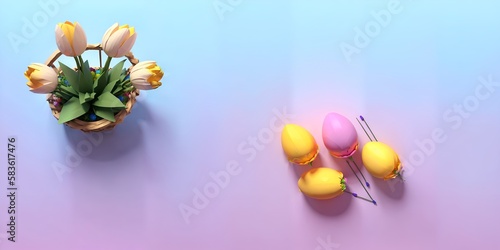 Photo of a colorful vase with spring flowers and Easter eggs on a pastel background