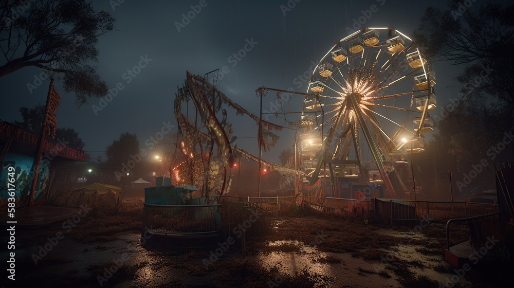 abandoned carnival with a ferris wheel on a cloudy night. Generative Ai abandoned carnival with a ferris wheel on a cloudy night. Generative Ai