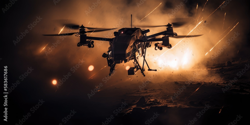 Military drone in combat at night over a war zone by generative AI Military drone in combat at night over a war zone by generative AI