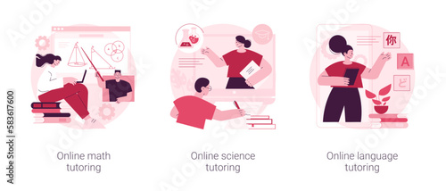 Online school subject learning abstract concept vector illustration set. Online math, science and language video tutoring, online education in quarantine, reach your academic goals abstract metaphor.