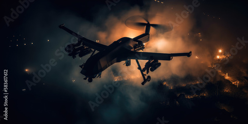 Military drone in combat at night, silhouetted by explosions on the ground by generative AI