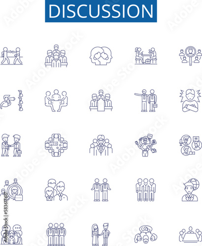 Discussion line icons signs set. Design collection of Debate, Dialogue, Disagreement, Talk, Communication, Arguing, Analysis, Exchange outline concept vector illustrations