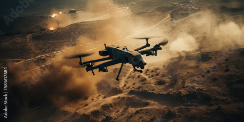 Military reconnaissance drone over war zone by generative AI