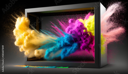 product display frame with colorful powder paint explosion