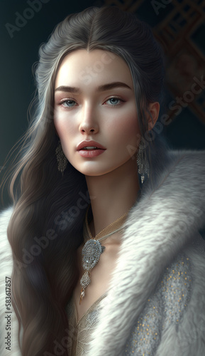 Glamorous portrait of a beautiful girl, princess of the north in furs. Princesses and queens of different nations and times. Created using generative artificial intelligence.