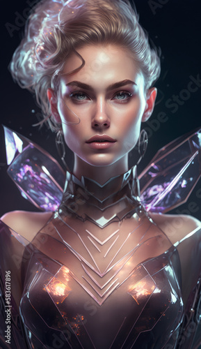 Glamorous portrait of a beautiful girl in a trendy crystal outfit. Princesses and queens of different nations and times. Created using generative artificial intelligence.