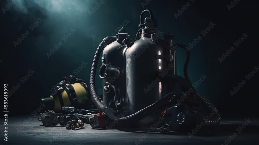 Diving equipment on dark background. Generative Ai