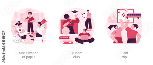 School environment abstract concept vector illustration set. Socialization of pupils, student club, field trip, after-school activity, college association, social interaction abstract metaphor.