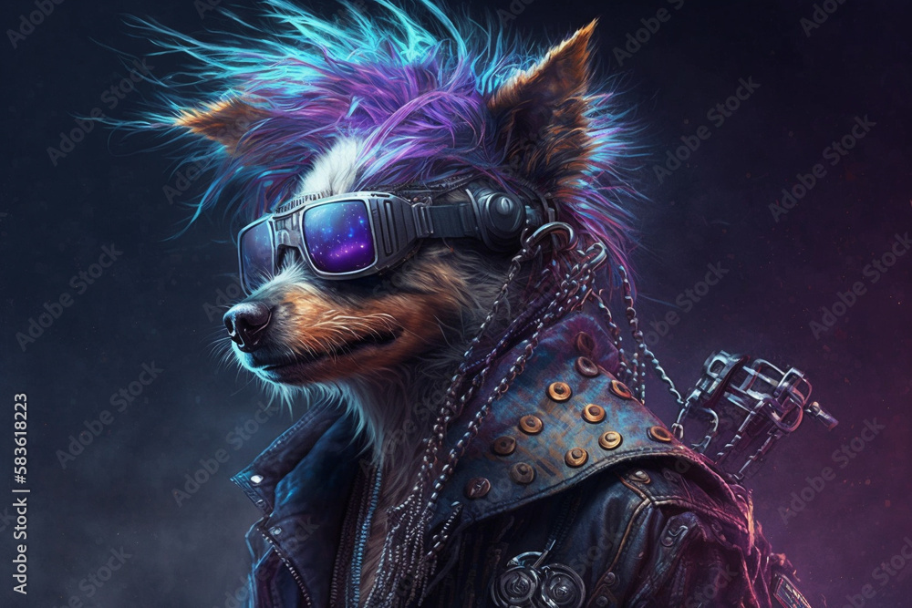 Cyberpunk rocker dog. Funny cyber punk rocker canine with sunglasses and jacket. Ai generated