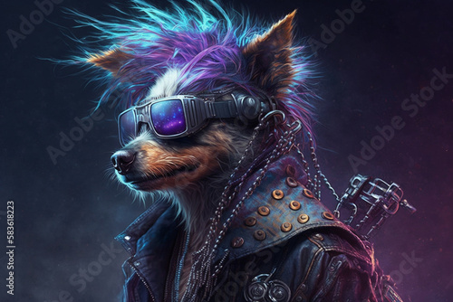 Cyberpunk rocker dog. Funny cyber punk rocker canine with sunglasses and jacket. Ai generated
