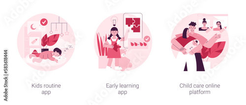 Online childcare service abstract concept vector illustration set. Kids routine app, early learning app, child care search platform, activity tracking, studying software, babysitter abstract metaphor.