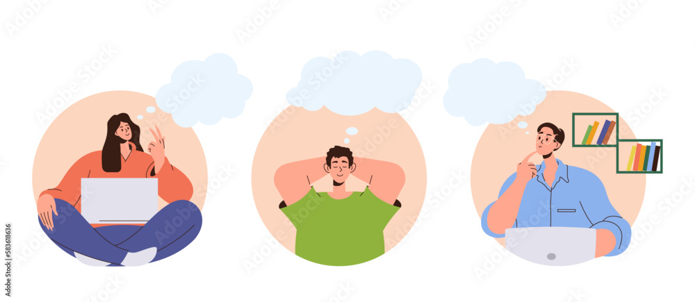 Set of young people dreaming characters with speech bubble working, studying or relaxing at home Set of young people dreaming characters with speech bubble working, studying or relaxing at home