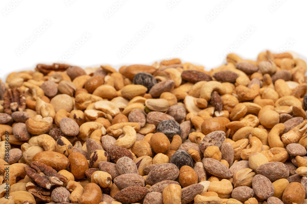 A group of almonds, pistachios, walnuts, macadamia, cashews.