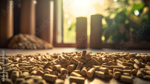 The compressed wood pellets stacked on the floor near the chopped firewood. Generative Ai