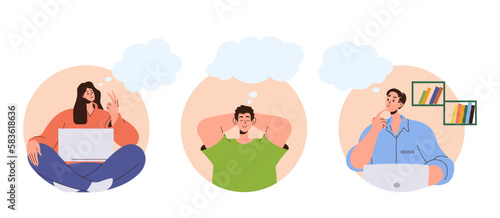 Set of young people dreaming characters with speech bubble working, studying or relaxing at home