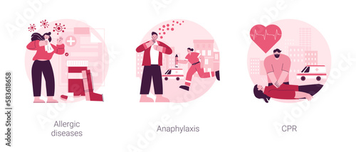 Allergy emergency help abstract concept vector illustration set. Allergic diseases, anaphylaxis shock, CPR, antihistamines therapy, artificial ventilation, breathing problem abstract metaphor.