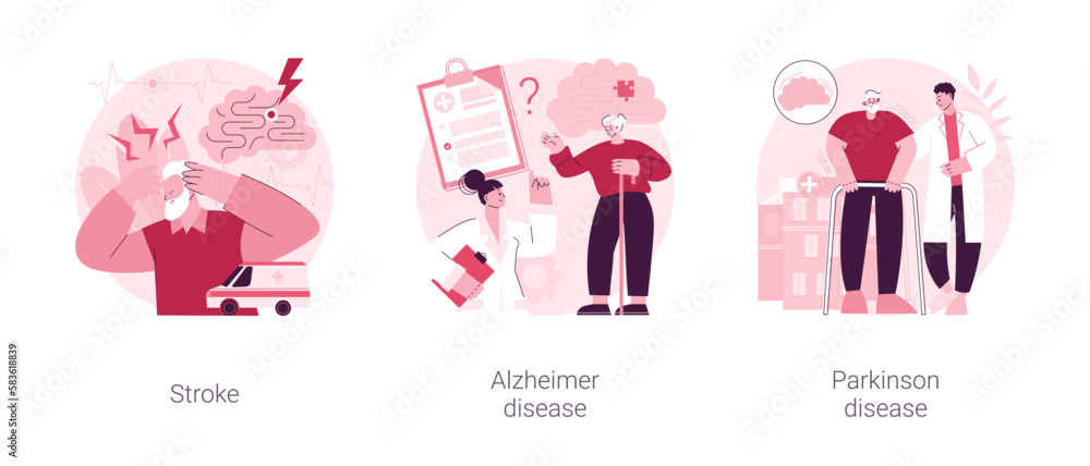 Aged people illness abstract concept vector illustration set. Stroke, Alzheimer and Parkinson disease, memory loss, tremor, amnesia diagnosis, dementia, medical emergency abstract metaphor.