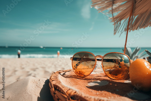 Sunglasses on a pedestal on the beach. Generative AI