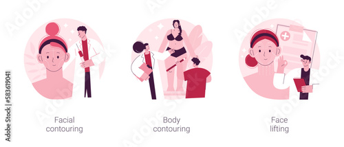 Beauty procedure abstract concept vector illustration set. Facial and body contouring, face lifting, plastic surgery, anti-age treatment, aesthetic cosmetic, skin rejuvenation abstract metaphor.