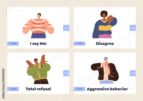 Different people showing disagree and rejection signs set design template for landing page