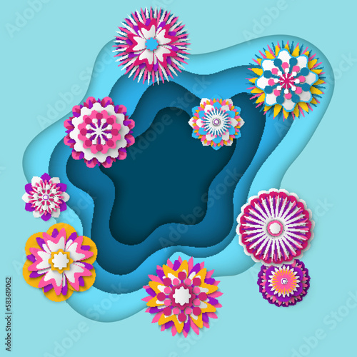 Paper cut spring flowers in shape of water spot. Fresh spring nature background. Floral banner, poster, flyer template. Colorful buds with different pettals on blue fond, origami flower decoration