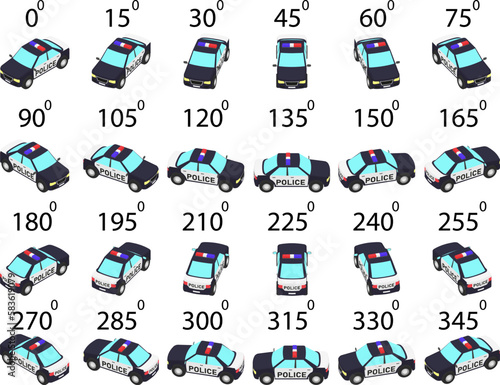 A set of 24 police cars from different angles. Rotation of the patrol car in logo style by 15 degrees for animation.  
