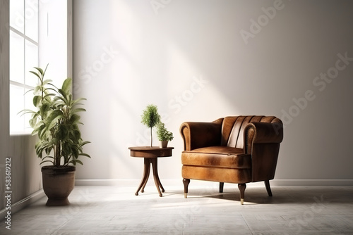 Interior de una vivienda con un elegante sillón, pared vacía en el fondo y algunos elementos de decoración, estilo minimalista. IA generative