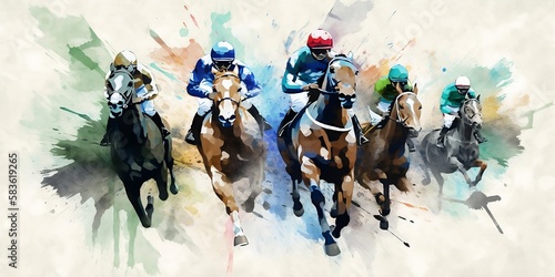 courses hippique, chevaux et jockey stylisé en peinture moderne - illustration ia photo