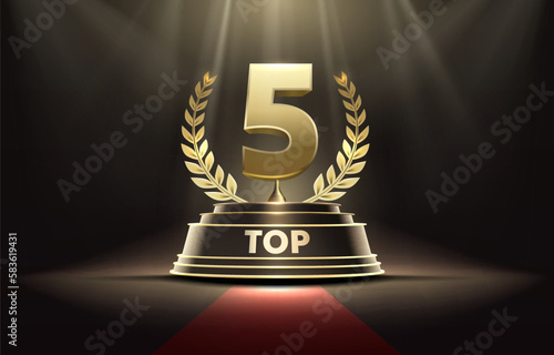 Top 5 best podium award sign, golden object. Vector photo