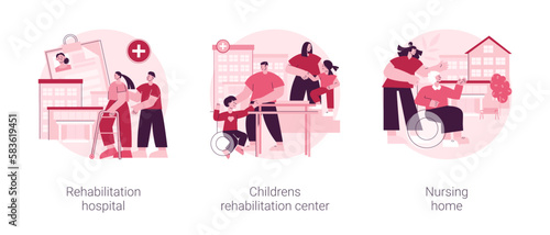 Medical facility abstract concept vector illustration set. Rehabilitation hospital, childrens healthcare center, nursing home, medical conditions, mental health care, retiree house abstract metaphor.