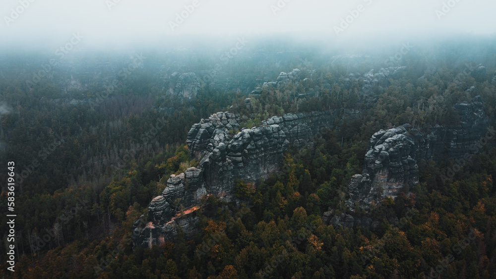 Rockformation in a forest in the saxon switzerland national park in Saxony, Germany