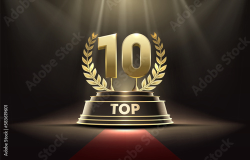 Top 10 best podium award sign, golden object. Vector