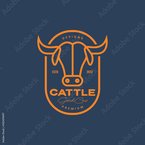 long hair highland cow head horned minimal badge vintage logo design vector