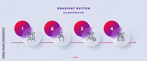 Authentication set icon. Face ID, face and speech recognition, fingerprint, palm, naya, two factor verification. Biometric concept. Glassmorphism style. Vector line icon for Business and Advertising